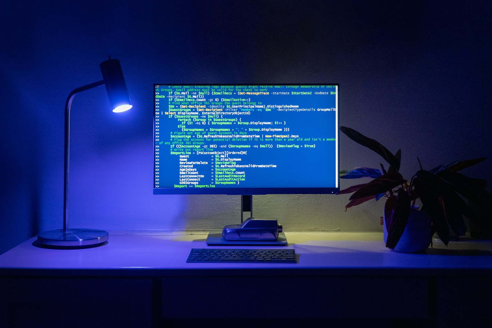 Code displayed on a blue-lit computer monitor